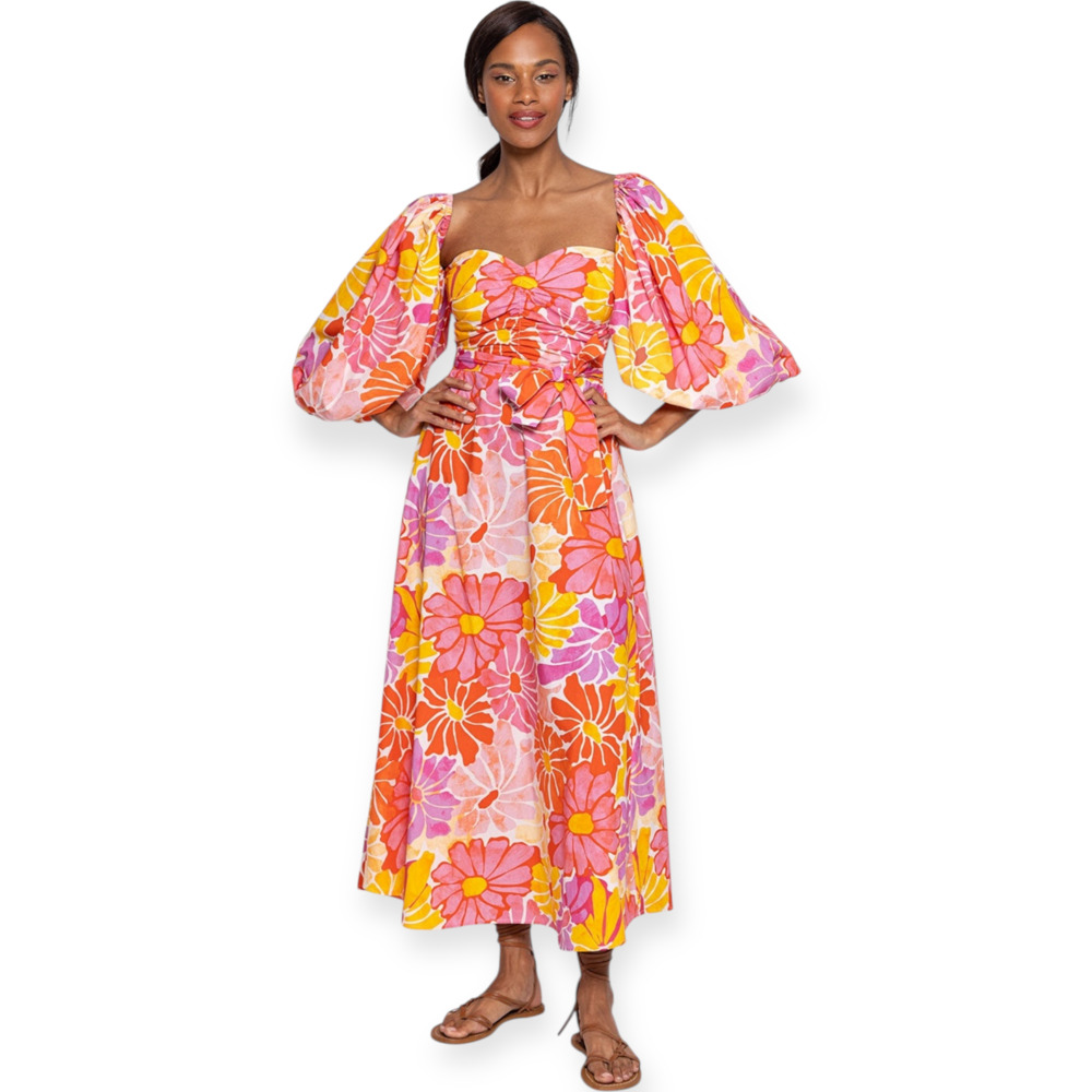 NWT Sundress Emilia Long Dress Saleya Print Pink Puff Sleeves Size XS fits Small - Picture 8 of 8